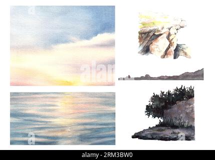 Aquarellbild im Querformat. Farbenfroher Sonnenuntergang auf dem Meer mit der Wolke und Reflexion auf dem Wasser. Steinpfeilermauer und Baum. Maritim Stockfoto