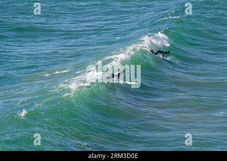 Zwei männliche Surfer reiten auf einer Welle am Chesterman Beach, Tofino, Vancouver Island, British Columbia, Kanada. Stockfoto
