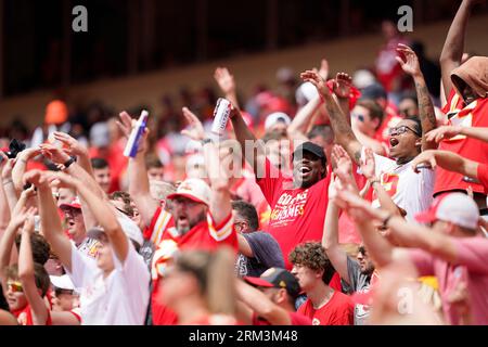 Kansas City, United States. 26th Aug, 2023. Kansas City Chiefs fans celebrate in the 4th quarter agains the Cleveland Browns at Arrowhead Stadium in Kansas City, Missouri on Saturday, August 26, 2023. Photo by Jon Robichaud/UPI Credit: UPI/Alamy Live News Stock Photo