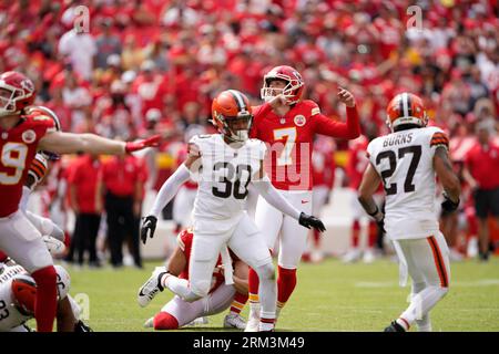 Kansas City, United States. 26th Aug, 2023. Kansas City Chiefs place kicker Harrison Butker (7) kicks the game winner in the 4th quarter agains the Cleveland Browns at Arrowhead Stadium in Kansas City, Missouri on Saturday, August 26, 2023. Photo by Jon Robichaud/UPI Credit: UPI/Alamy Live News Stock Photo