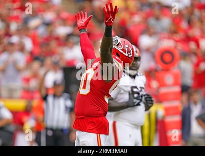 Kansas City, United States. 26th Aug, 2023. Kansas City Chiefs defensive end Charles Omenihu (90) celebrates a sack in the 2nd quarter agains the Cleveland Browns at Arrowhead Stadium in Kansas City, Missouri on Saturday, August 26, 2023. Photo by Jon Robichaud/UPI Credit: UPI/Alamy Live News Stock Photo