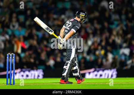 LONDON, VEREINIGTES KÖNIGREICH. 26. August 2023. Laurie Evans von Manchester Originals (Capt.) während des Eliminator – Manchester Originals vs Southern Brave auf dem Kia Oval Cricket Ground am Samstag, den 26. August 2023 in LONDON. Quelle: Taka Wu/Alamy Live News Stockfoto