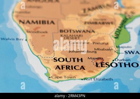 Weltkarte Zentral- und Südafrika, lesotho-Länder aus nächster Nähe Stockfoto