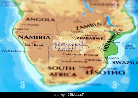 Weltkarte Zentral- und Südafrika, simbabwe, botsuana, namibia, mosambik Länder aus nächster Nähe Stockfoto