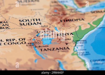 Weltkarte Zentral- und Südafrika, uganda, kenia, sudan Länder aus nächster Nähe Stockfoto