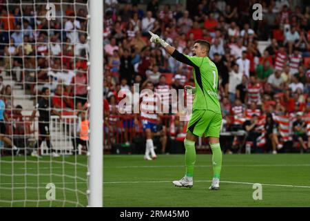 Granada, Spain. 26th Aug, 2023. Raul Fernandez of Granada CF Thanks the fans during the Liga match between Granada CF and RCD Mallorca at Nuevo Los Carmenes Stadium on August 26, 2023 in Granada, Spain. (Photo by José M. Baldomero/Pacific Press) Credit: Pacific Press Media Production Corp./Alamy Live News Stock Photo