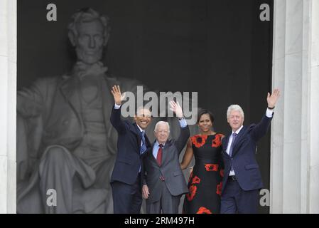 (130828) -- WASHINGTON D.C., Aug. 28, 2013 (Xinhua) -- (L-R) U.S. President Barack Obama, former president Jimmy Carter, First Lady Michelle Obama and Bill Clinton wave at the Lincoln Memorial during the Let Freedom Ring ceremony to commemorate the 50th anniversary of the March on Washington and Dr. Martin Luther King, Jr. s I have a Dream speech, in Washington D.C., capital of the United States, Aug. 28, 2013. (Xinhua/Zhang Jun) US-WASHINGTON-MARCH ON WASHINGTON-50TH ANNIVERSARY PUBLICATIONxNOTxINxCHN Stock Photo