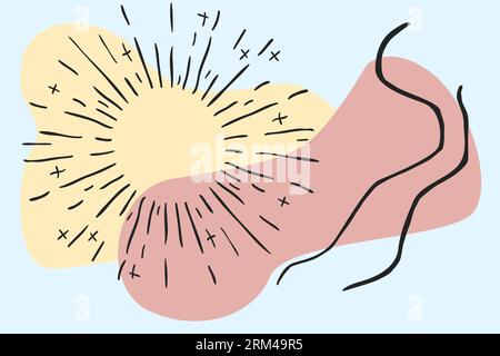Von Hand gezeichnete Karte. Abstrakte Formen. Konturelemente. Kreislinie blinkt. Kurvenpunkte in Pastellfarben. Ungleichmäßige Farbflecken. Radiale Lichtstrahlen einfache Skizze. Stock Vektor