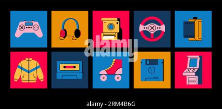 80s or 90s stickers. Pop fashion style. Funky eighties. Retro music. Roller skates. Game party. Photo camera reel. Cassette and headphones. Joystick o Stock Vektor