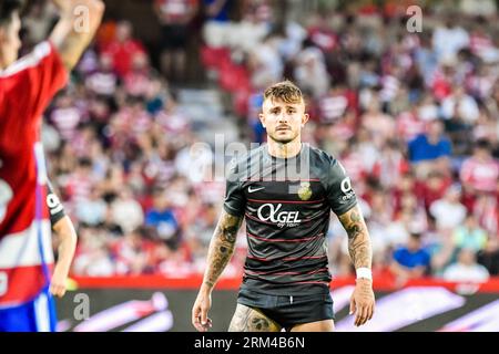 Granada, Spain. 26th Aug, 2023. GRANADA, SPAIN - AUGUST 26: Pablo Maffeo of RCD Mallorca look the ball during the match between Granada CF and RCD Mallorca of La Liga EA Sports on August 26, 2023 at Nuevo Los Carmenes in Granada, Spain. (Photo by Samuel Carreño/ Credit: Px Images/Alamy Live News Stock Photo