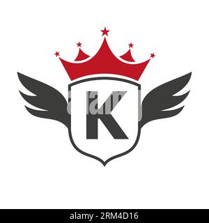 Logo mit Buchstabe K für den Transport mit Flügel, Schild und Krone. Wing-Logo Auf Shield-Symbol Stock Vektor