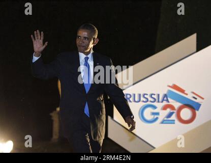 Bildnummer: 60441235  Datum: 05.09.2013  Copyright: imago/Xinhua (130906) -- SAINT PETERSBURG , Sept. 6, 2013 (Xinhua) -- US President Barack Obama arrives for a working dinner during the G20 summit in Saint Petersburg, Russia, on September 5, 2013. (Xinhua/Li Tao) RUSSIA-SAINT PETERSBURG-G20-SUMMIT PUBLICATIONxNOTxINxCHN People Politik G20 G 20 Gipfel Weltwirtschaftsgipfel xns x0x 2013 quer      60441235 Date 05 09 2013 Copyright Imago XINHUA  Saint Petersburg Sept 6 2013 XINHUA U.S. President Barack Obama arrives for a Working Dinner during The G20 Summit in Saint Petersburg Russia ON Septem Stock Photo