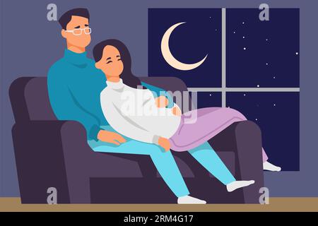 Cartoon couple. Family lying together on sofa. Young man and pregnant woman relaxing on couch. Cozy home. Starry sky and night moon in window. Hugging Stock Vektor