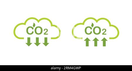 Kohlendioxidemissionen. Grüne Wolke und Symbol für co2-Reduzierung. Symbole für Luftverschmutzung. Vektorillustration isoliert auf weißem Hintergrund. Stock Vektor