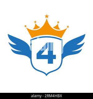 „Letter 4 Transportation“-Logo Mit Flügel, Schild Und Kronen-Symbol. Wing-Logo Auf Shield-Symbol Stock Vektor