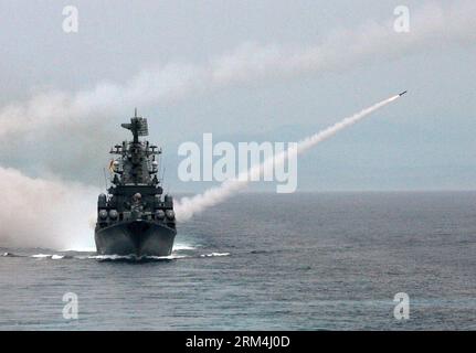 Bildnummer: 60468397  Datum: 12.09.2013  Copyright: imago/Xinhua (130912) -- MOSCOW, Sept. 12, 2013 (Xinhua) -- File photo provided by RIA Novosti news agency shows the Moskva, missile cruiser flagship of Russian Black Sea Fleet, fires a missile in a military exercise on June 25, 2010. Russia beefs up its naval presence in the Mediterranean Sea with three more warships heading to that region, the Defense Ministry said Wednesday. (Xinhua/RIA Novosti) (jl) RUSSIA-NAVY-MEDITERRANEAN-PRESENCE PUBLICATIONxNOTxINxCHN Gesellschaft Militär Marine Schiff Kriegsschiff xns x0x 2013 quer      60468397 Dat Stock Photo