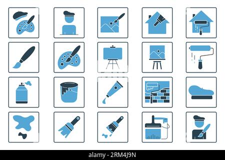 Symbol für Malset. Enthält Symbole Pinsel, Leinwand, Maler, Farbröhrchen usw. Durchgehender Symbolstil. Einfache Vektorkonstruktion bearbeitbar Stock Vektor