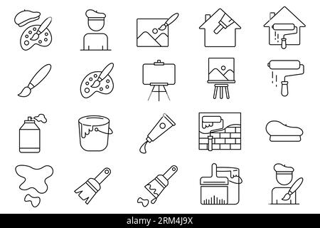 Symbol für Malset. Enthält Symbole Pinsel, Leinwand, Maler, Farbröhrchen usw. Liniensymbolstil. Einfache Vektorkonstruktion bearbeitbar Stock Vektor