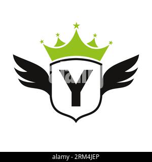 Transportlogo mit Buchstabe Y mit Flügel, Schild und Krone. Wing-Logo Auf Shield-Symbol Stock Vektor