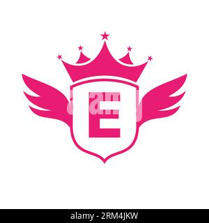 „Letter E Transportation“-Logo mit Flügel, Schild und Kronen-Symbol. Wing-Logo Auf Shield-Symbol Stock Vektor