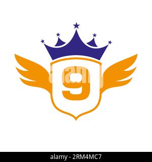 „Letter 9 Transportation“-Logo Mit Flügel, Schild Und Kronen-Symbol. Wing-Logo Auf Shield-Symbol Stock Vektor