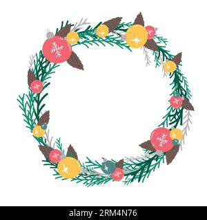 Christmas wreath with fir branches, cones and christmas toys. For Xmas and happy new year postcard. Vector illustration. Stock Vektor