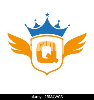 Logo „Letter Q Transportation“ mit Flügel, Schild und Kronen-Symbol. Wing-Logo Auf Shield-Symbol Stock Vektor