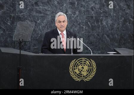 Bildnummer: 60522223 Datum: 24.09.2013 Copyright: imago/Xinhua (130924) -- NEW YORK, 24. September 2013 (Xinhua) -- Sebastian Pinera Echenique, Präsident von Chile, spricht bei der Eröffnung der Generaldebatte der 68. Sitzung der UN-Generalversammlung am 24. September 2013 im Hauptquartier der Vereinten Nationen in New York, USA. Die 68. Tagung der UN-Generalversammlung begann hier am Dienstag ihre jährliche allgemeine Aussprache. (Xinhua/Niu Xiaolei) US-UN-68. GENERALVERSAMMLUNG-ALLGEMEINE AUSSPRACHE PUBLICATIONxNOTxINxCHN People Politik Generalversammlung UN Vereinte Nationen xdp x0x 2013 quer premiumd 60522223 D Stockfoto