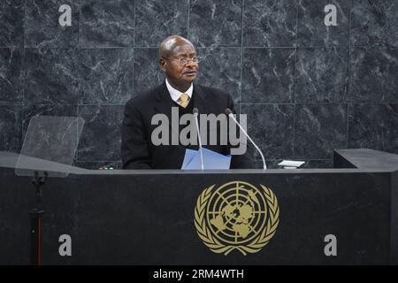 NEW YORK, Sept. 24, 2013 - Uganda s President Yoweri Kaguta Museveni speaks during the general debate of the 68th session of the United Nations General Assembly, at the UN headquarters in New York, on Sept. 24, 2013. The general debate began here Tuesday. Xinhua/Niu Xiaolei UN-GENERAL ASSEMBLY PUBLICATIONxNOTxINxCHN Stock Photo