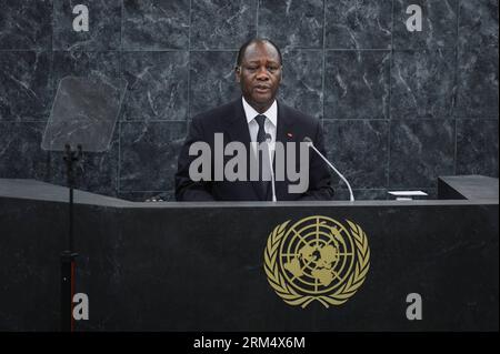 130925 -- NEW YORK, 25. September 2013 Xinhua -- Präsident Alassane Ouattara, Cote d Ivoire, spricht während der Generaldebatte der 68. Tagung der Generalversammlung der Vereinten Nationen im UN-Hauptquartier in New York am 25. September 2013, dem zweiten Tag der Generaldebatte. Xinhua/Niu Xiaolei dzl ALLGEMEINE AUSSPRACHE der GENERALVERSAMMLUNG der Vereinten Nationen PUBLICATIONxNOTxINxCHN Stockfoto