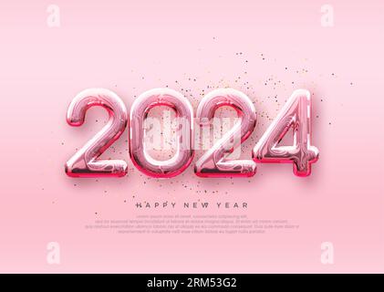 Frohes neues Jahr 2024, weicher und schöner pinkfarbener Papierschnitt. Stock Vektor