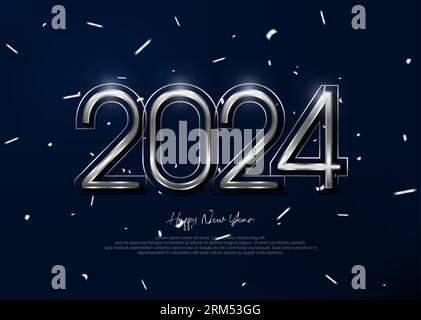 Silberfarbenes, metallisches 3D-Poster für das moderne neue Jahr, elegantes Banner für das frohe neue Jahr 2024 Stock Vektor