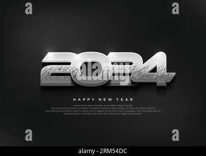 Silberfarbenes, metallisches 3D-Poster für das moderne neue Jahr, elegantes Banner für das frohe neue Jahr 2024. Stock Vektor