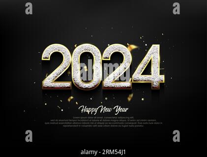 Frohes neues Jahr 2024, mit Goldzahlen 3D-Metallic-Vektor-Hintergrund. Stock Vektor