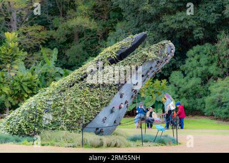 Dieser Whale Mouth, der aus einem grünen Ozean aufsteigt, ist Teil einer Skulptur im Royal Botanic Gardens Sydney in New South Wales, Australien Stockfoto