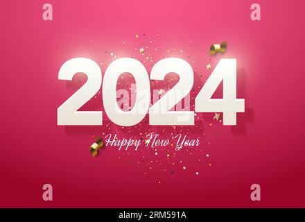 2024 Neujahrsfeier mit reinweißen Zahlen und goldenem Band 3d. Design Premium Vektor. Stock Vektor