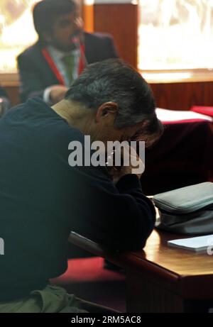 Bildnummer: 60610541  Datum: 17.10.2013  Copyright: imago/Xinhua (131018) -- LIMA,  (Xinhua) -- Former Peruvian President Alberto Fujimori reacts during the hearing of his trial in the Fourth Criminal Liquidator Courtroom at the headquarters of the Special Operations Office of Peru s National Police in the Ate Vitarte district of Lima, Peru, Oct. 17, 2013.    (Xinhua/Luis Camacho) (djj) PERU-LIMA-FUJIMORI-TRIAL PUBLICATIONxNOTxINxCHN Gesellschaft x2x xkg 2013 hoch o0 Prozess, Gerichtsverfahren, Anklage, People Politik     60610541 Date 17 10 2013 Copyright Imago XINHUA  Lima XINHUA Former Peru Stock Photo