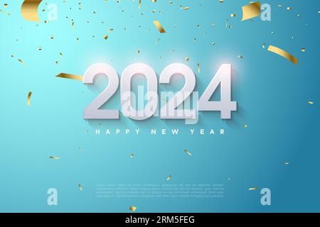 Frohes neues Jahr 2024 mit fliegender Papierillustration. Design Premium Vektor. Stock Vektor