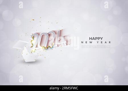 happy new year 2024 with illustration of celebratory numbers spilling from a gift box. design premium vector. Stock Vector