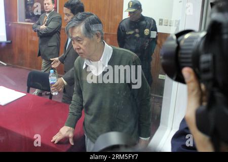 Bildnummer: 60649112  Datum: 28.10.2013  Copyright: imago/Xinhua (131028) -- LIMA, Oct. 28, 2013 (Xinhua) -- The former Peruvian president Alberto Fujimori reacts during a hearing of the judgment against him in the Fourth Criminal Liquidator Court of Lima, in the headquarters of the Directorate of Special Operations of the National Police of Peru (DIROES, its acronym in Spanish), in the District of Ate Vitarte, Department of Lima, Peru, on Oct. 28, 2013. (Xinhua/Luis Camacho) PERU-LIMA-JUSTICE-JUDGMENT PUBLICATIONxNOTxINxCHN People Politik x0x xsk 2013 quer premiumd      60649112 Date 28 10 20 Stock Photo