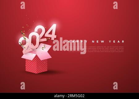 happy new year 2024 with illustration of a celebratory number coming out of a gift box. design premium vector. Stock Vector