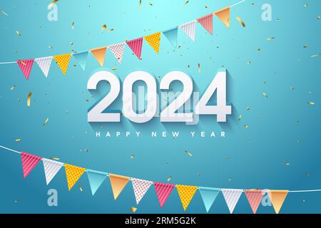 Frohes neues Jahr 2024 mit festlicher Papiervorhangdekoration. Design Premium Vektor. Stock Vektor