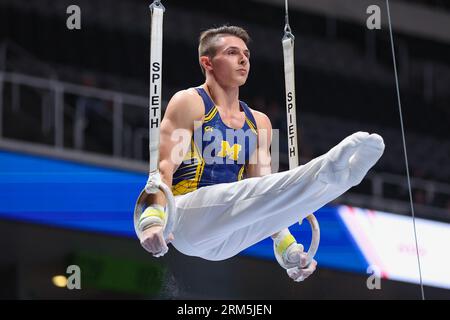 26. August 2023: Paul Juda tritt an den Ringen während des Men's Day 2 der U.S. Gymnastics Championships 2023 im SAP Center in San Jose, KALIFORNIEN, AN. Kyle Okita/CSM Stockfoto