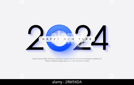 Frohes neues Jahr 2024 Vektordesign. Moderne, einfache Ziffern in klaren schwarzen und blauen Farben. Hochwertiges Vektordesign für ein frohes neues Jahr 2024. Stock Vektor