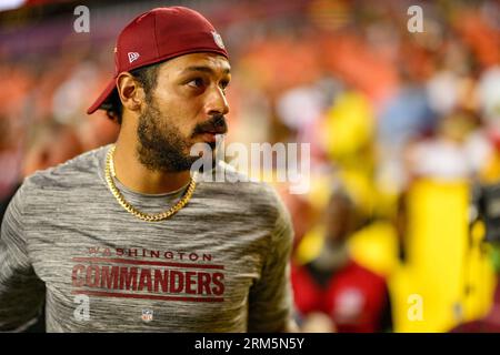 26. August 2023: Washington Commanders Tight End Logan Thomas verlässt das Feld nach dem NFL-Spiel zwischen den Cincinnati Bengals und den Washington Commanders in Landover, MD. Reggie Hildred/CSM Stockfoto