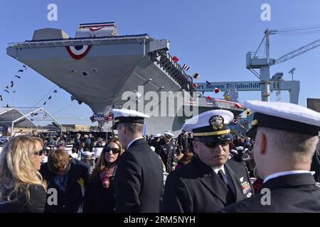 Bildnummer: 60695281  Datum: 09.11.2013  Copyright: imago/Xinhua (131109) -- NEWPORT NEWS, Nov. 09, 2013 (Xinhua) -- Guests attend the christening ceremony of USS Gerald R. Ford (CVN 78) at the Huntington-Ingalls Industries Newport News shipyard in Virginia, the United States, Nov. 9, 2013. U.S. Navy on Saturday christened aircraft carrier Gerald R. Ford (CVN 78), the first ship in a new class of super carrier. (Xinhua/Zhang Jun) US-VIRGINIA-USS GERALD R. FORD-CVN 78-CHRISTENING PUBLICATIONxNOTxINxCHN Gesellschaft Militär USA Taufe Schiff Flugzeugträger xcb x0x 2013 quer premiumd      60695281 Stock Photo