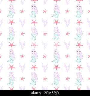 Kindliches nahtloses Muster mit Meerjungfrauen und Seesternen. Sanftes Muster für Mädchen, Textil, Scrapbooking, Geschenkpapier. Stockfoto