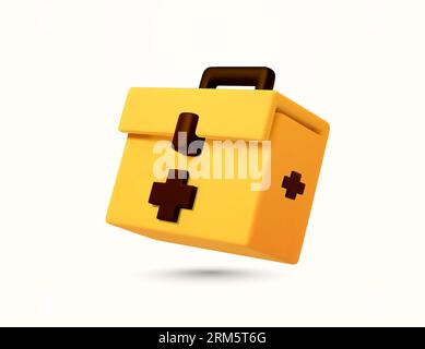 3d gelbe Gesundheitsbox mit rotem medizinischem Symbol, minimaler Stil, isoliert auf weißem Hintergrund. Klinik, Arzt oder Krankenschwester, Symbol für erste-Hilfe-Set. Vektorillustration. Vektorillustration Stock Vektor