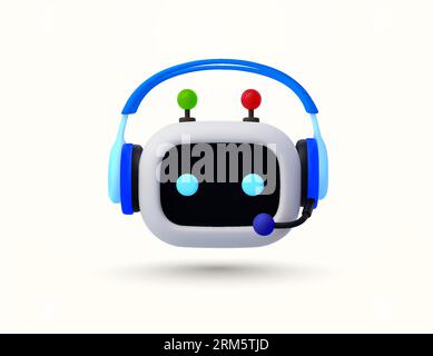 Intelligenter und niedlicher 3D-Roboter mit nur Kopf und Kopfhörer, minimalistischer Stil, isoliert auf dem Hintergrund. Symbol für Chat-Bot, Symbol für ai-getriebenen Kundensupport. 3D-Vektorillustration. Vektorillustration Stock Vektor