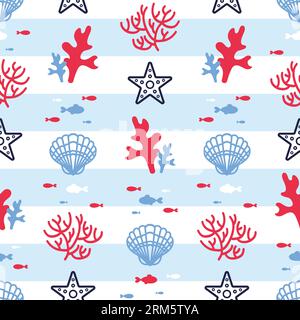 Summer marine striped seamless pattern with corals, starfish, algae, shells and fish. Red and blue colors. Ocean dwellers, vest. Flat style. For wallp Stock Vektor